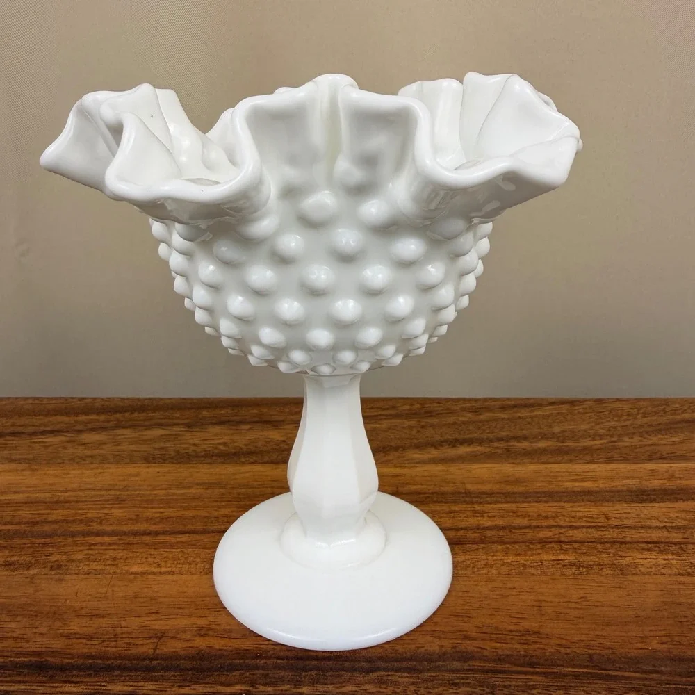 Fenton Milk Glass Hobnail Compote Ruffled Edge Pedestal Bowl Vintage Art Glass
